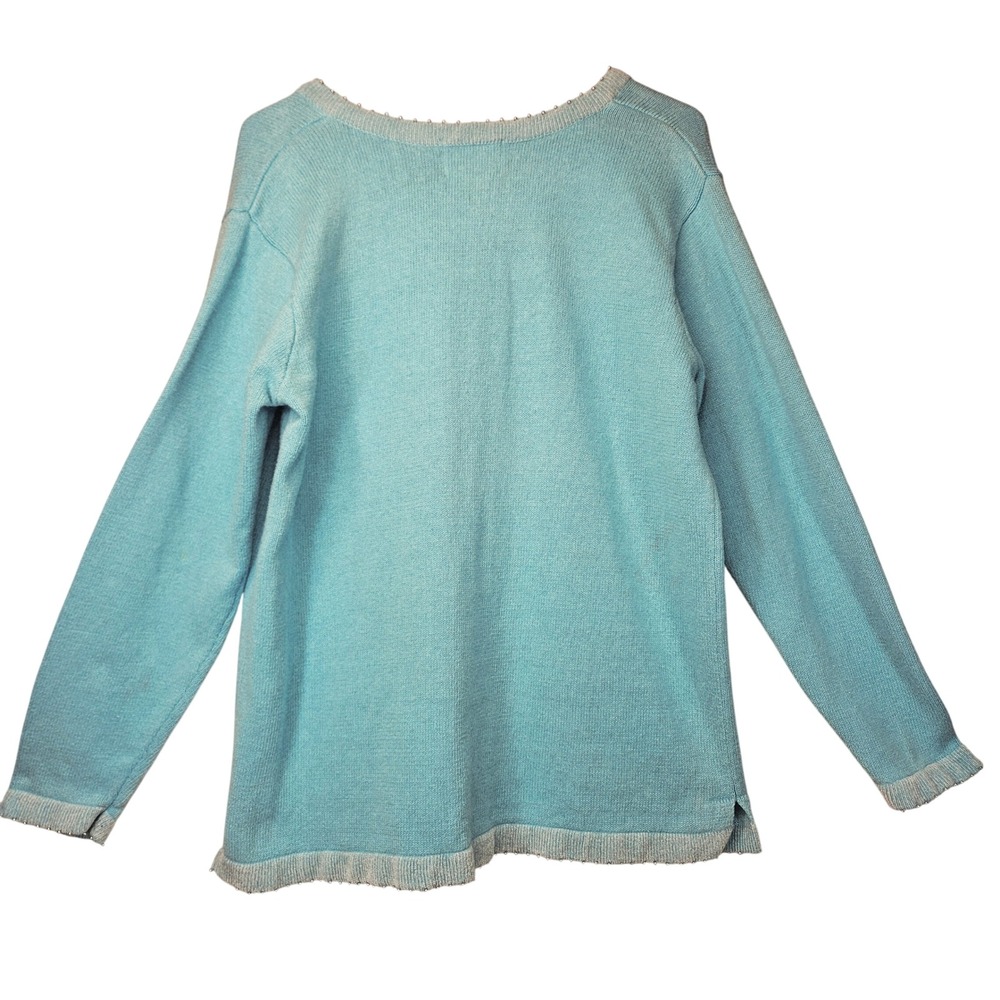 Quacker Factory Snowflake Blue V-Neck Sweater Large Beads Sequins Winter Holiday - Picture 2 of 14